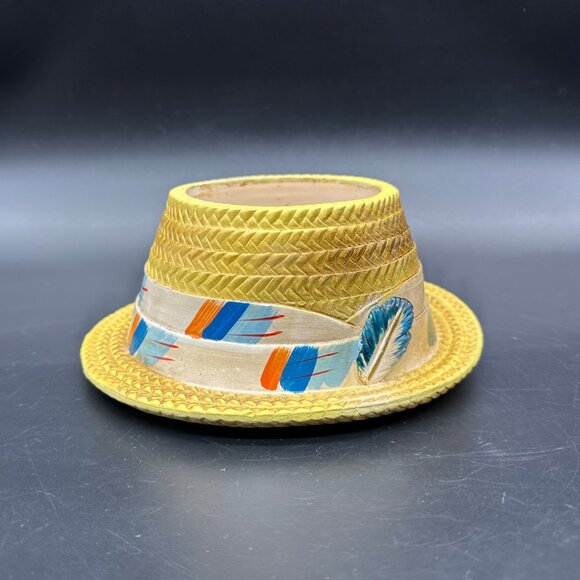 Vintage Hat Planter Inarco Japan Yellow Feather Mid Century Kitsch Decor Ceramic - Picture 2 of 14